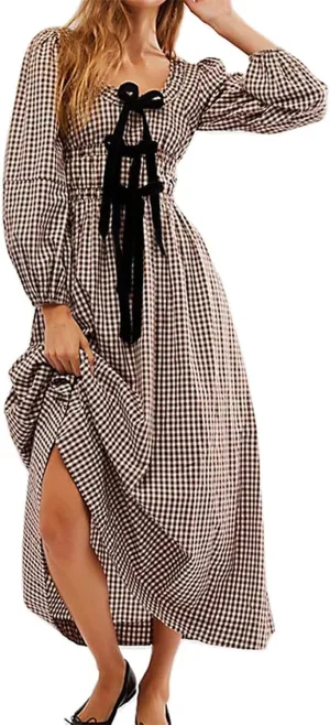 Women Plaid Long Dress Lantern Sleeve Square Neck Maxi Dress with Bow Tie Cottagecore Flowy Fall Dresses