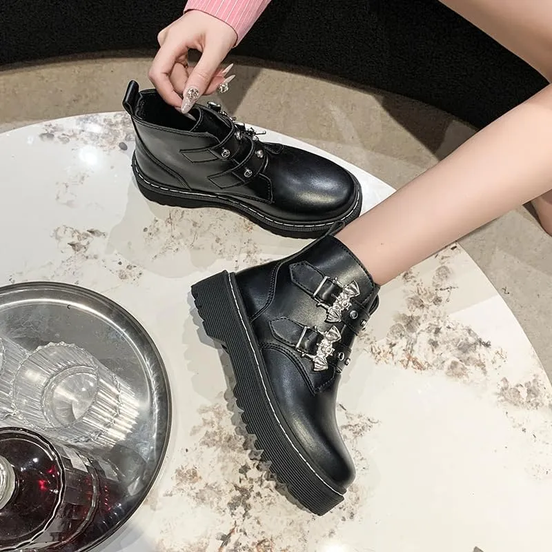 Women Platform Goth Boots Chunky Heel Punk Rave Boots Lace Up Combat Booties Round Toe Booties Shoes Cute Lolita Shoes