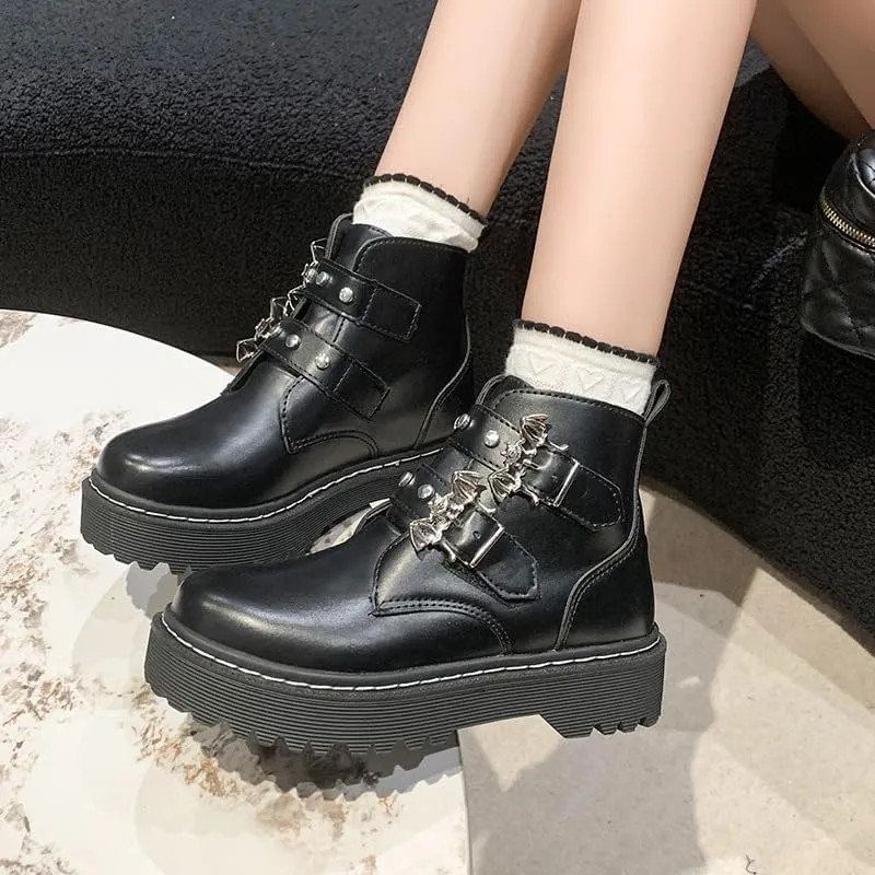 Women Platform Goth Boots Chunky Heel Punk Rave Boots Lace Up Combat Booties Round Toe Booties Shoes Cute Lolita Shoes