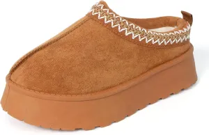 Women Platform Slippers Mini Boots Suede Leather Short Ankle Booties Fuzzy Slip on Shoes Snow Platform Slippers for Women Winter Outdoor Ethnic Style