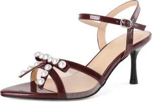 Women Stiletto Heel Sandals Strappy Heels Open Toe Sandals Slingback Heel Sandals Comfort Dressy Pearl Heels Evening Party 3.5 Inch