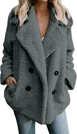 Women's 2024 Winter Faux Fur Coats Lapel Long Sleeve Fuzzy Fleece Outerwear Button Sherpa Trench Jackets Fall Outfits