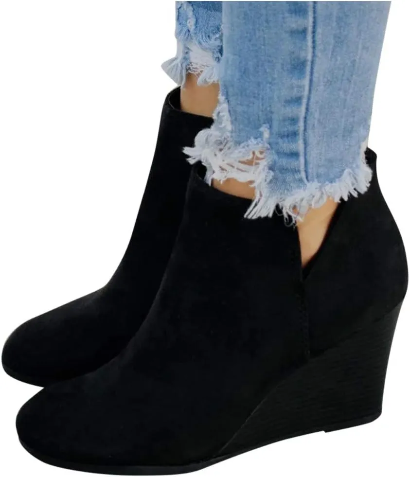 Women's Ankle Boots Low Chunky Heel Comfortable Round Toe Booties with Side Zipper Shoes Fall Slip On Short Boots
