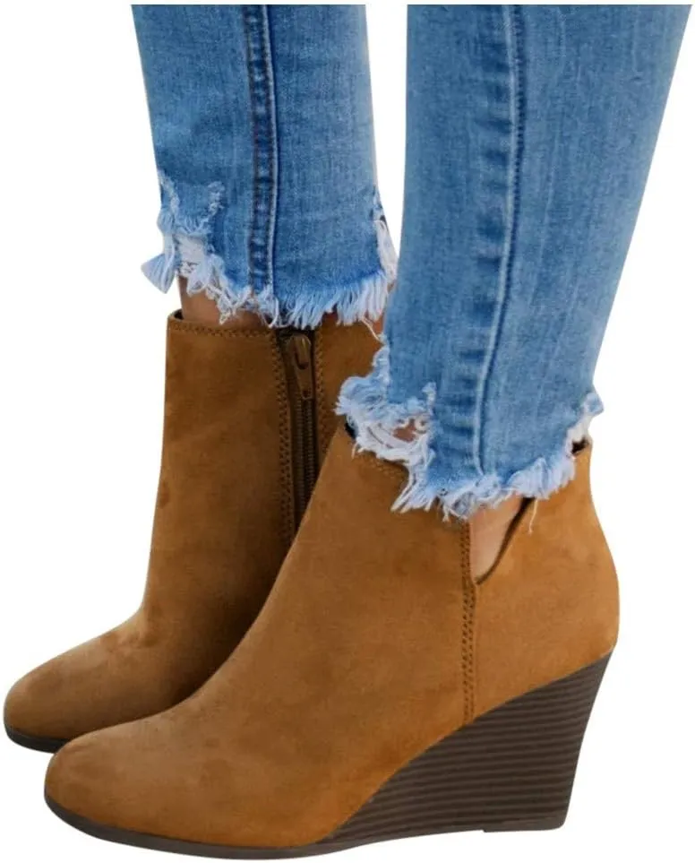 Women's Ankle Boots Low Chunky Heel Comfortable Round Toe Booties with Side Zipper Shoes Fall Slip On Short Boots