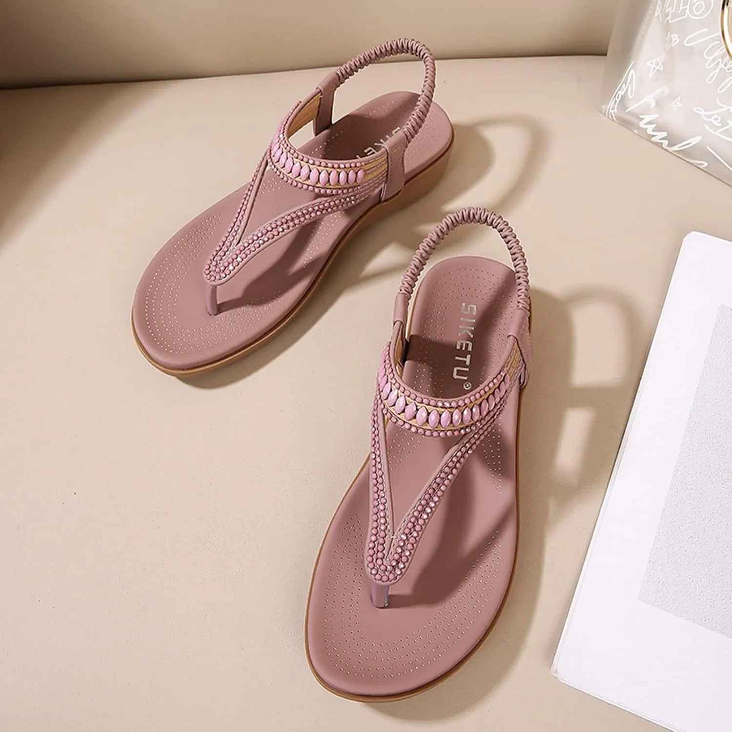 Womens Arch Support Sandals Orthotic Stretch Thong Comfortable Soft Cushion Summer T Strap Beach Lightweight Fashion Sandals