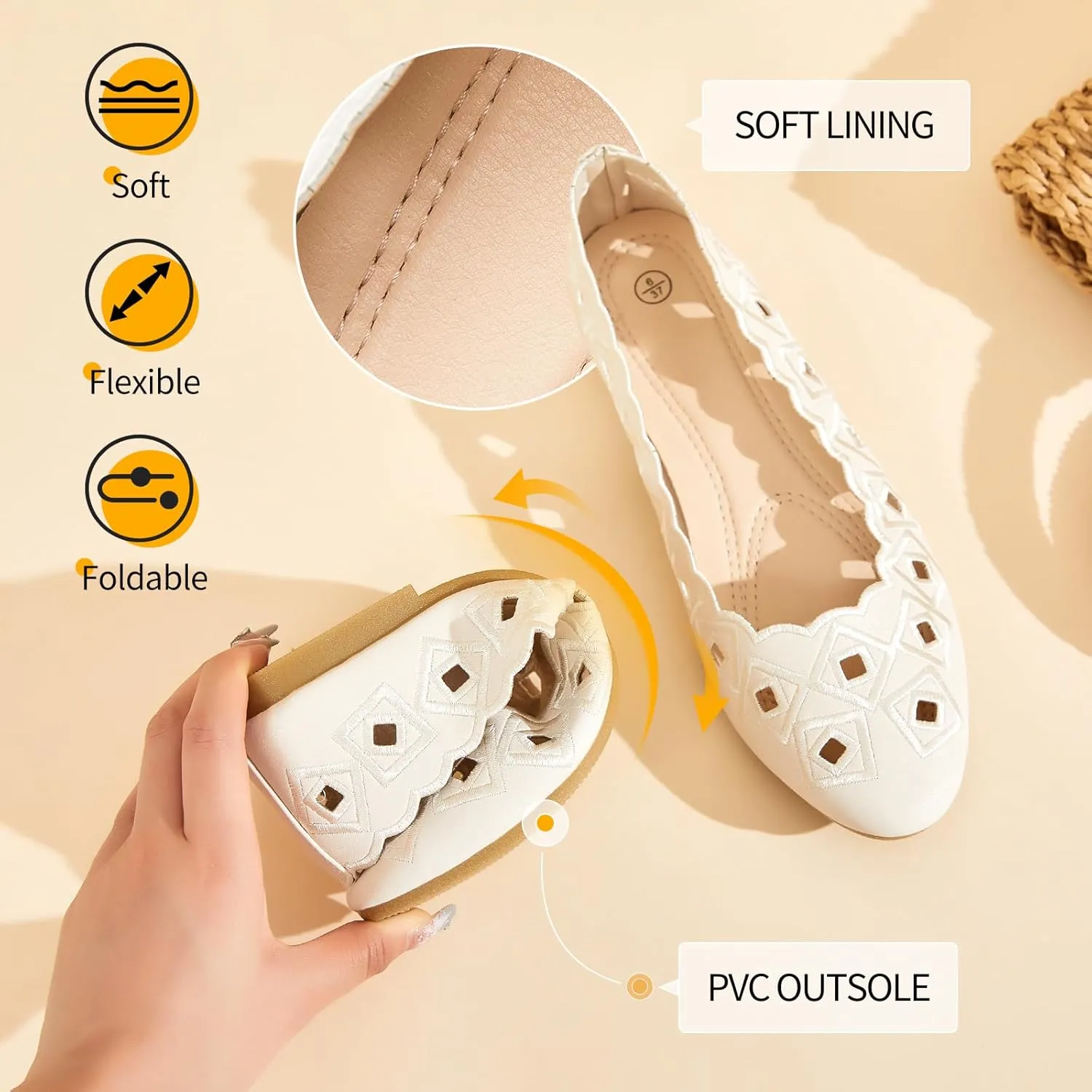 Women's Ballet Flats Shoes with Breathable Eyelet,Black and White Dress Shoes for Women,Soft Memoery Foam Flats for Women