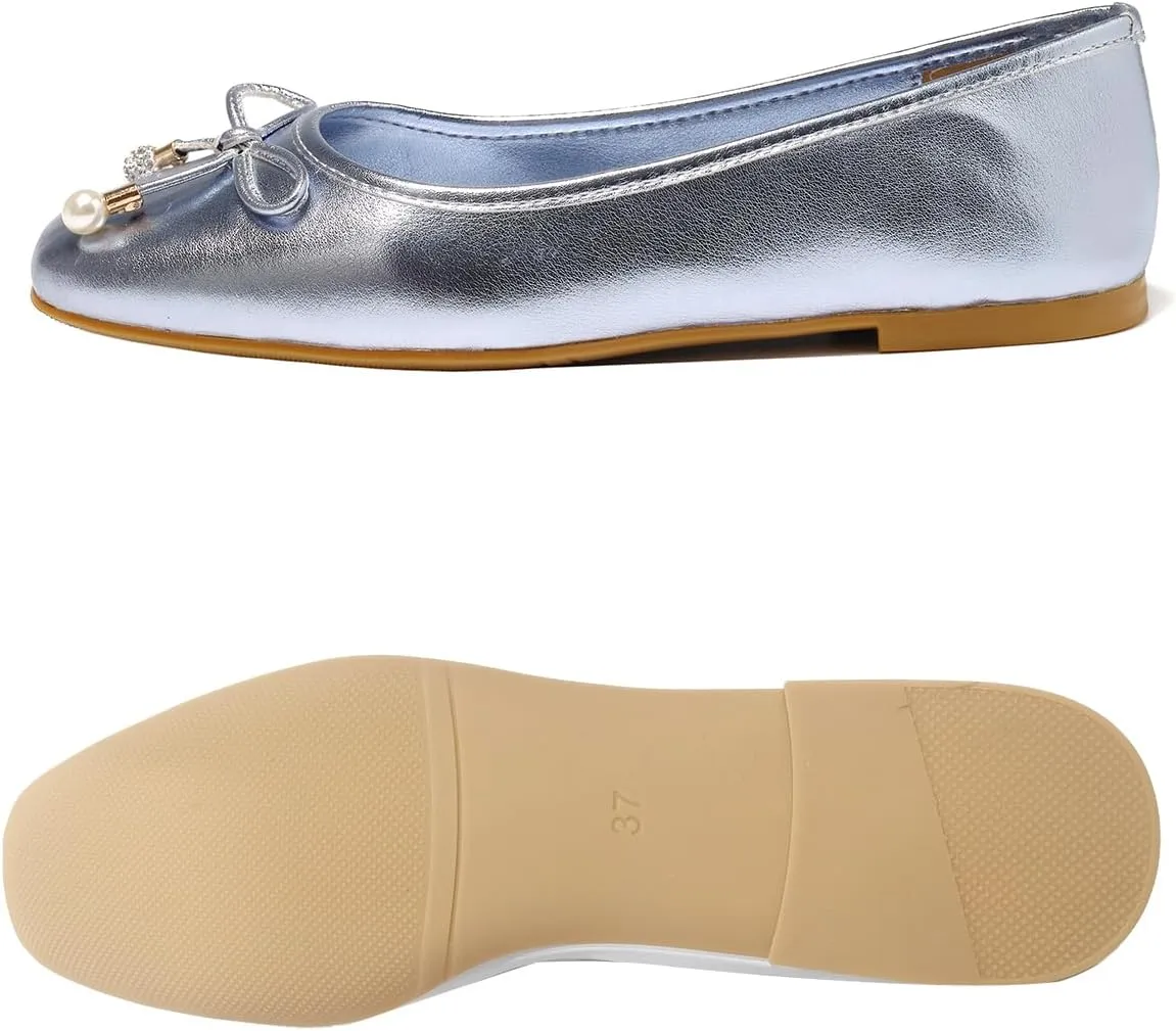 Women's Ballet Flats with Bow Knot & Sparkle Balls Ultra Soft Sole Round Toe Work Travel Casual Outfits Shoes