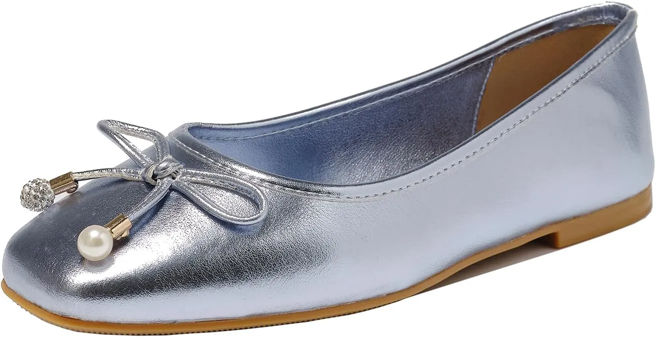 Women's Ballet Flats with Bow Knot & Sparkle Balls Ultra Soft Sole Round Toe Work Travel Casual Outfits Shoes