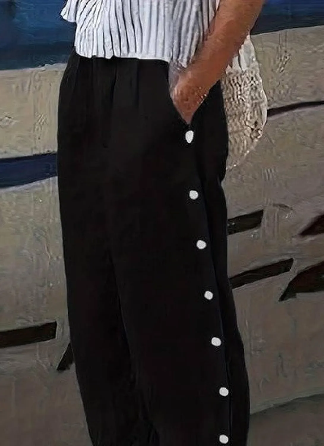 Women's Black Solid Wide Leg Pants with Side Buttons 2025 Spring Casual Comfortable Daily Pants with Side Pocket