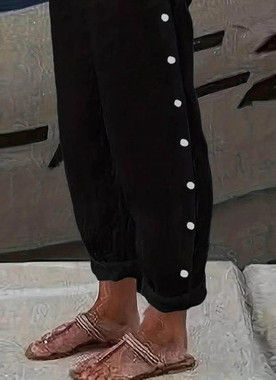 Women's Black Solid Wide Leg Pants with Side Buttons 2025 Spring Casual Comfortable Daily Pants with Side Pocket
