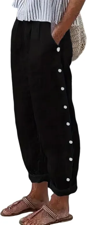 Women's Black Solid Wide Leg Pants with Side Buttons 2025 Spring Casual Comfortable Daily Pants with Side Pocket