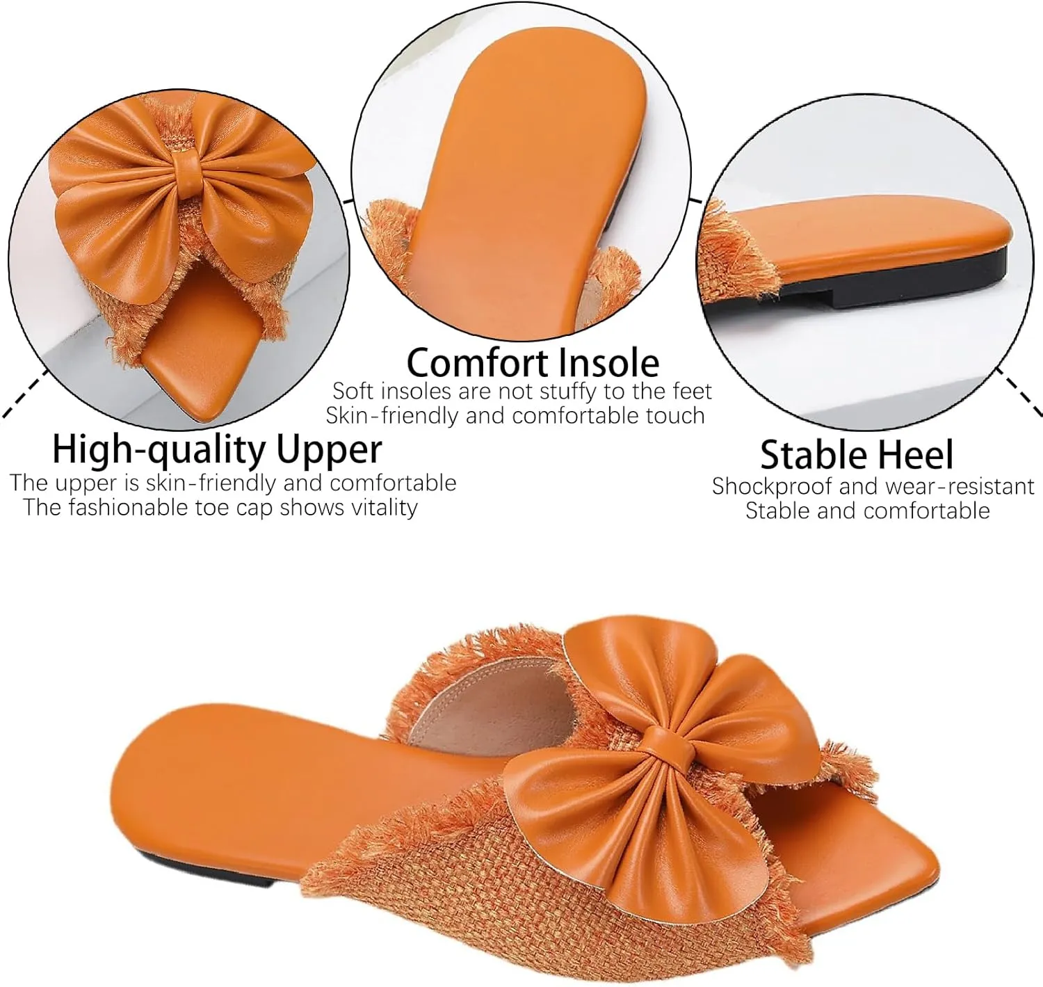 Women's Bow Open Pointed Toe Slides Sandals Fashion Comfortable Slip on Anti-Slip Flat Slippers for Summer Outdoor Party Beach Dress Sandals