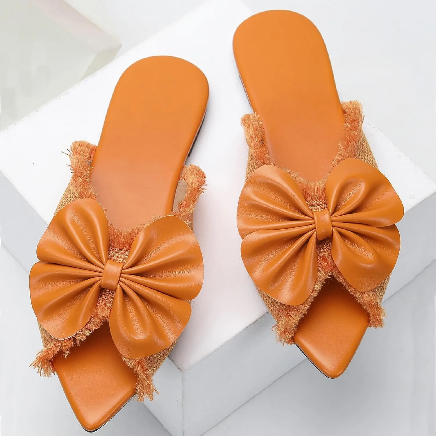 Women's Bow Open Pointed Toe Slides Sandals Fashion Comfortable Slip on Anti-Slip Flat Slippers for Summer Outdoor Party Beach Dress Sandals