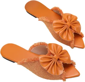 Women's Bow Open Pointed Toe Slides Sandals Fashion Comfortable Slip on Anti-Slip Flat Slippers for Summer Outdoor Party Beach Dress Sandals