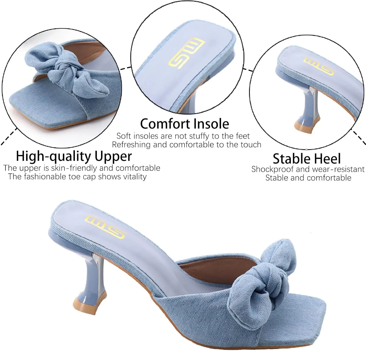 Women's Bow Satin Kitten Heels Mules Sandals Fashion Comfortable Open Square Toe Backless Slip-on Stiletto Slide for Summer Party Prom Date Dress Sandals