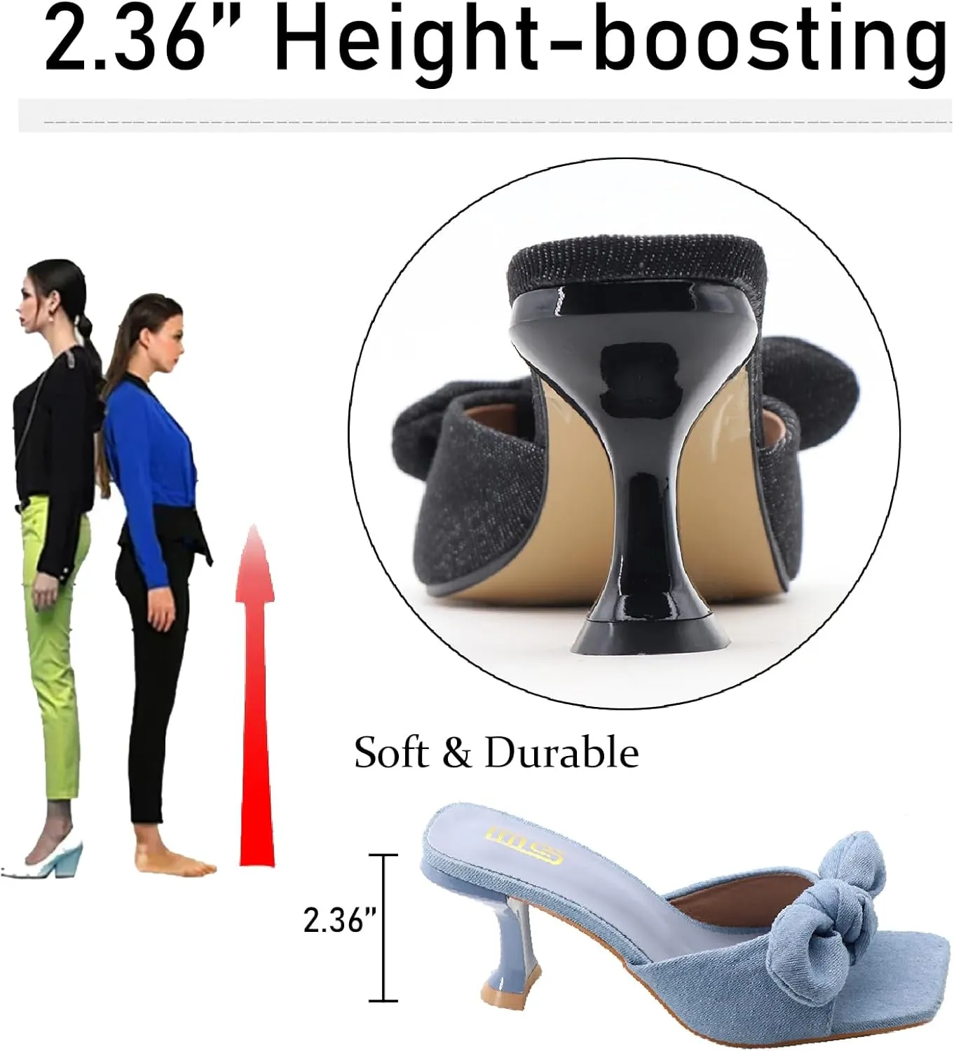 Women's Bow Satin Kitten Heels Mules Sandals Fashion Comfortable Open Square Toe Backless Slip-on Stiletto Slide for Summer Party Prom Date Dress Sandals