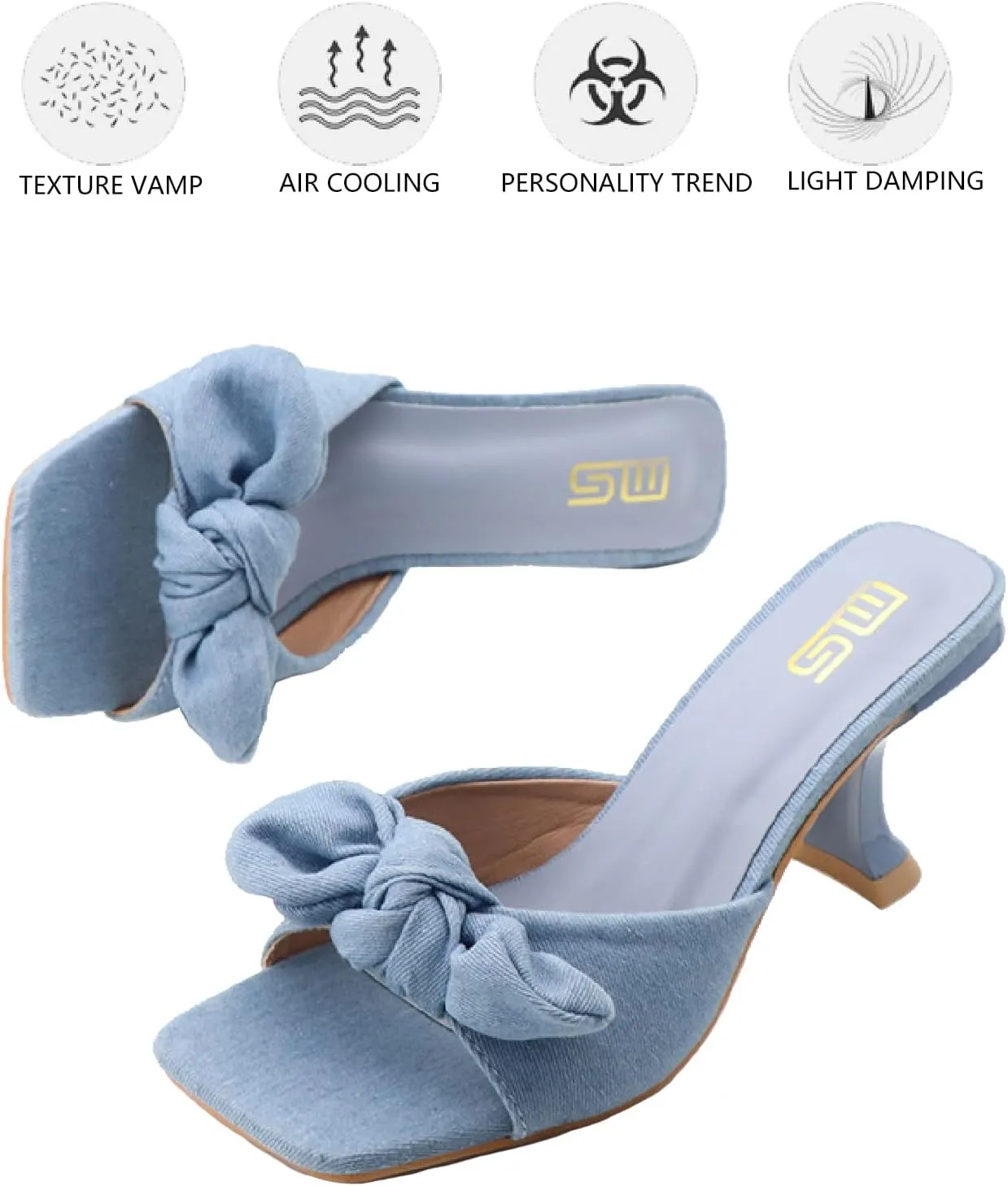 Women's Bow Satin Kitten Heels Mules Sandals Fashion Comfortable Open Square Toe Backless Slip-on Stiletto Slide for Summer Party Prom Date Dress Sandals