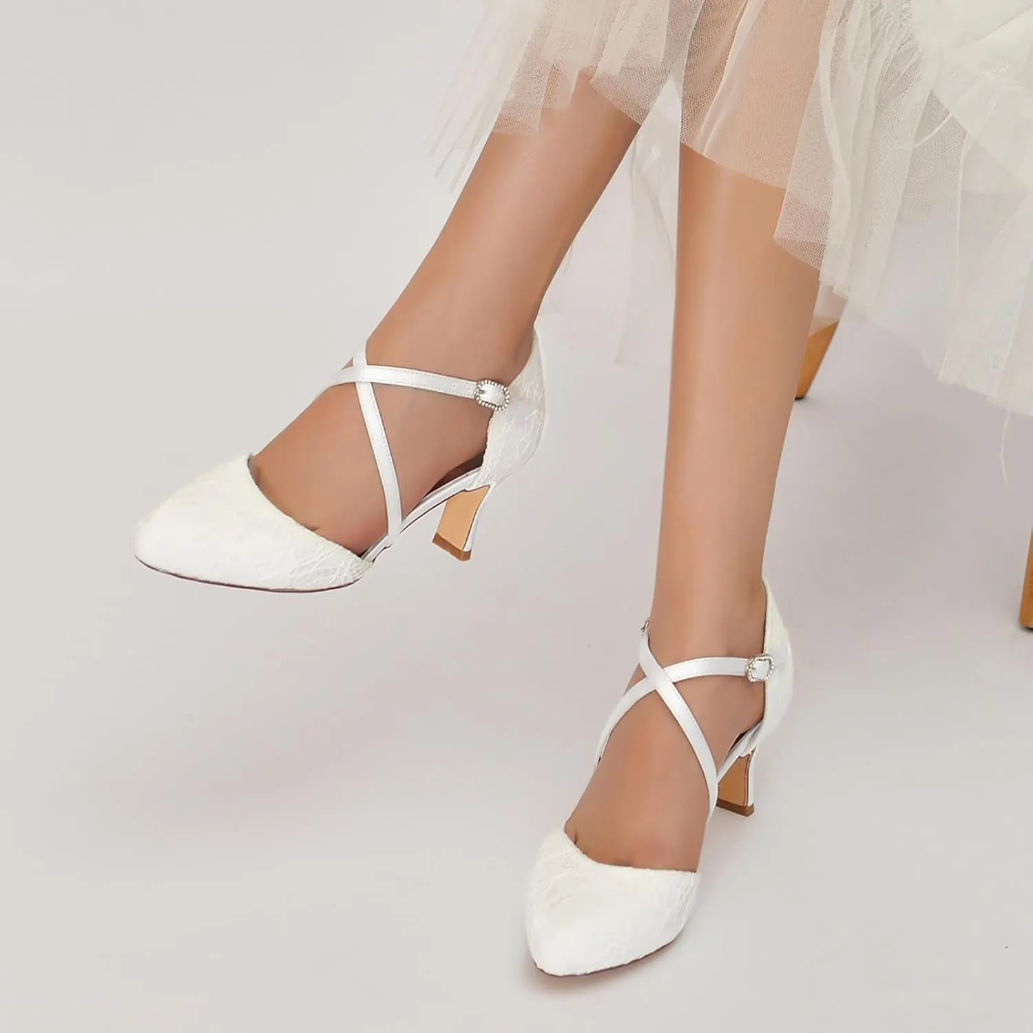 Women's Bride Heels Shoes Lace Satin Cross Ankle Strap Wedding Shoes forEvening Prom Party Dress Buckle Shoes