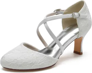 Women's Bride Heels Shoes Lace Satin Cross Ankle Strap Wedding Shoes forEvening Prom Party Dress Buckle Shoes