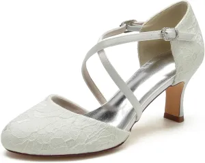 Women's Bride Heels Shoes Lace Satin Cross Ankle Strap Wedding Shoes forEvening Prom Party Dress Buckle Shoes