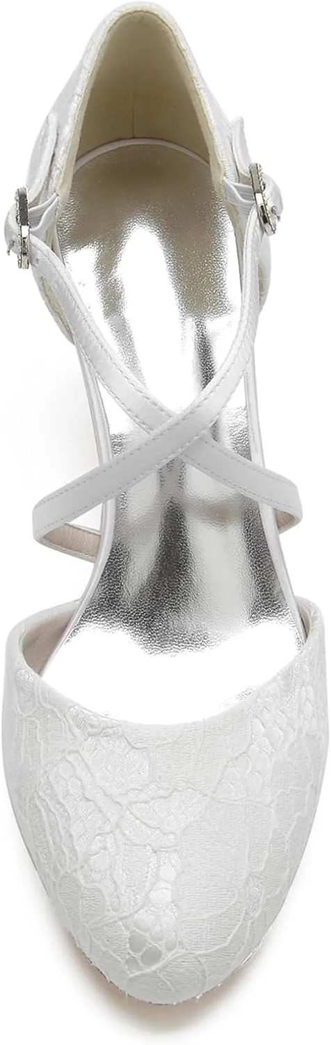 Women's Bride Heels Shoes Lace Satin Cross Ankle Strap Wedding Shoes forEvening Prom Party Dress Buckle Shoes
