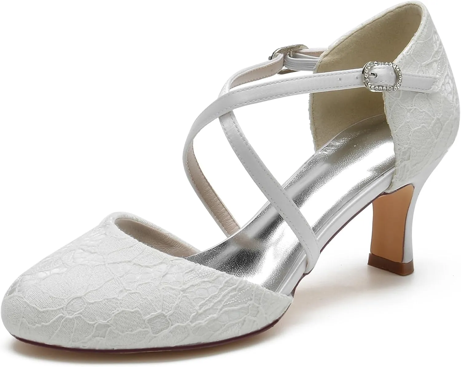 Women's Bride Heels Shoes Lace Satin Cross Ankle Strap Wedding Shoes forEvening Prom Party Dress Buckle Shoes
