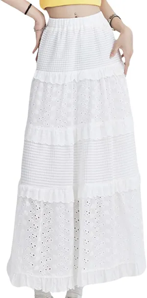 Women's Casual Boho Elastic High Waist Skirt Pleated Flowy Swing Tiered Maxi Skirt