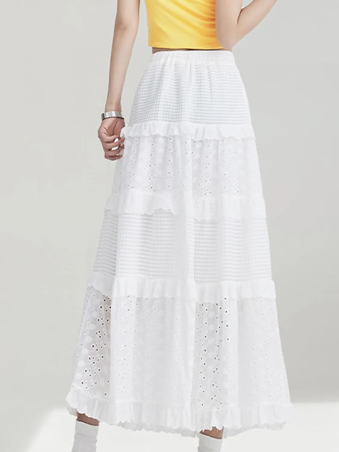 Women's Casual Boho Elastic High Waist Skirt Pleated Flowy Swing Tiered Maxi Skirt