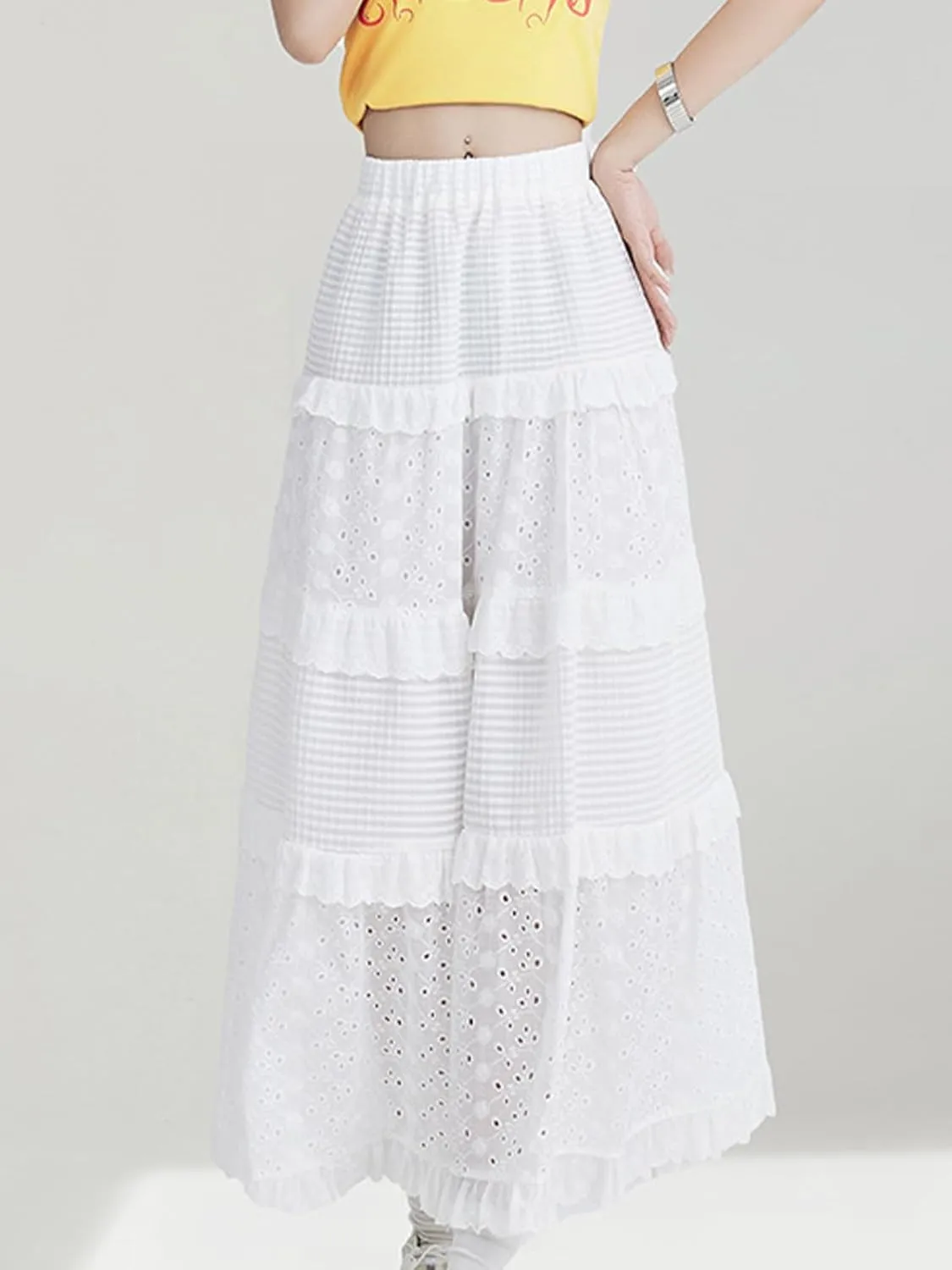 Women's Casual Boho Elastic High Waist Skirt Pleated Flowy Swing Tiered Maxi Skirt