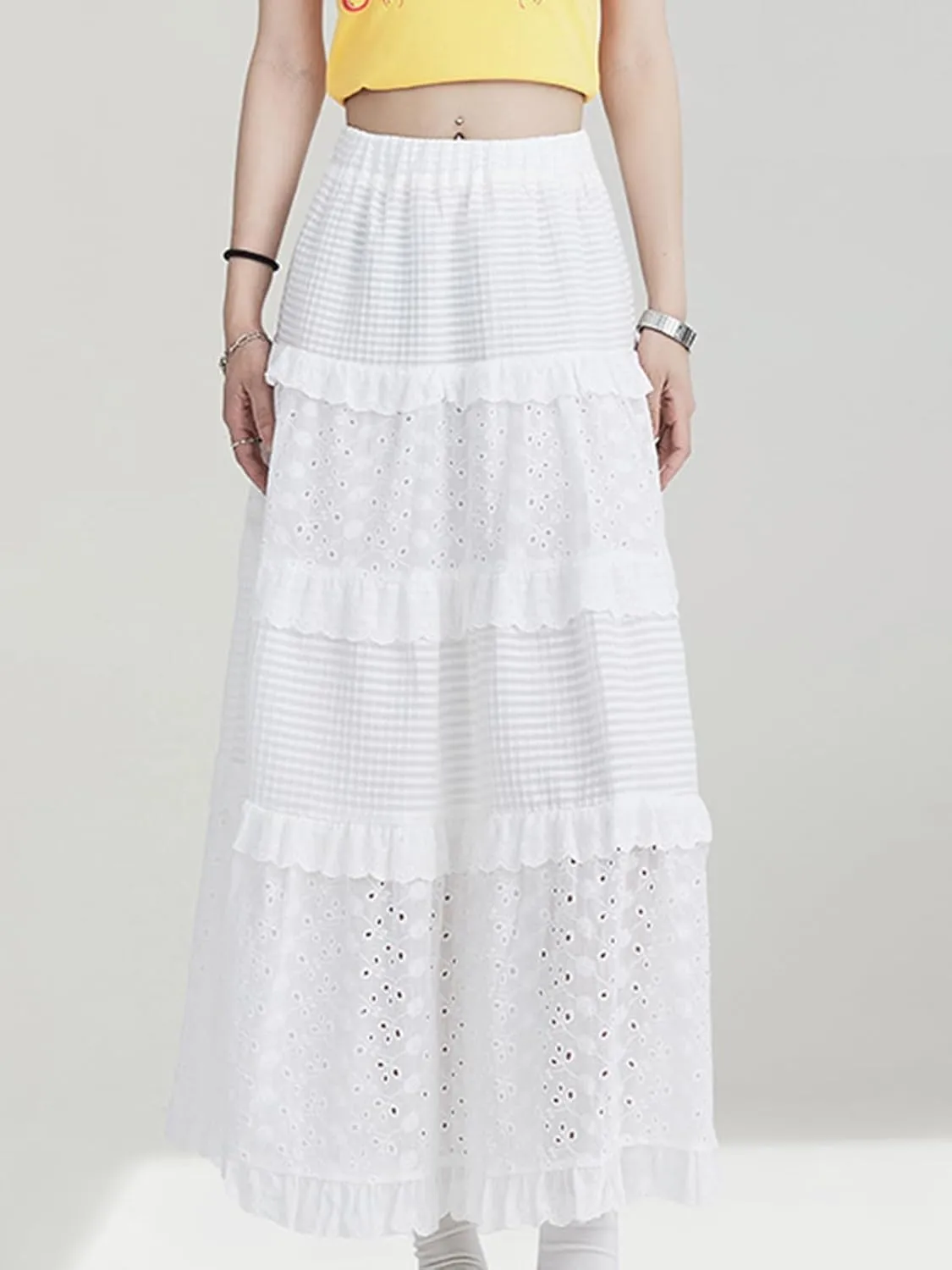 Women's Casual Boho Elastic High Waist Skirt Pleated Flowy Swing Tiered Maxi Skirt