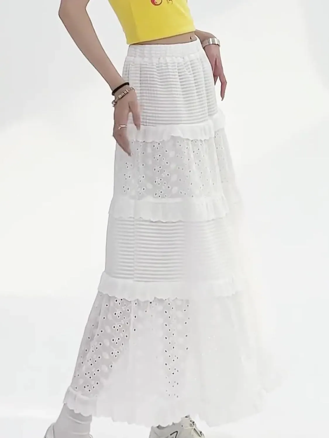 Women's Casual Boho Elastic High Waist Skirt Pleated Flowy Swing Tiered Maxi Skirt