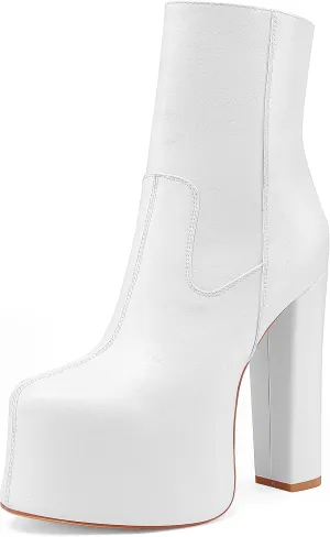 Women's Casual Platform Gogo Boots High Chunky Heel Side Zipper Ankle Boots Cozy Leather Heeled Booties
