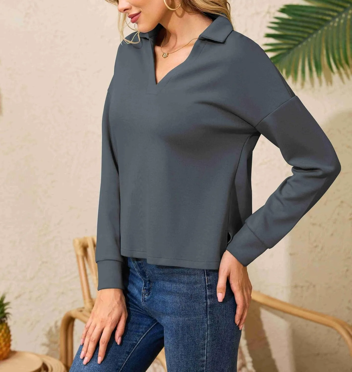Women's Casual Polo Shirts Long Sleeve V Neck Collared Work Tops Ladies Tunics Tees Business Blouse 2024 Fall