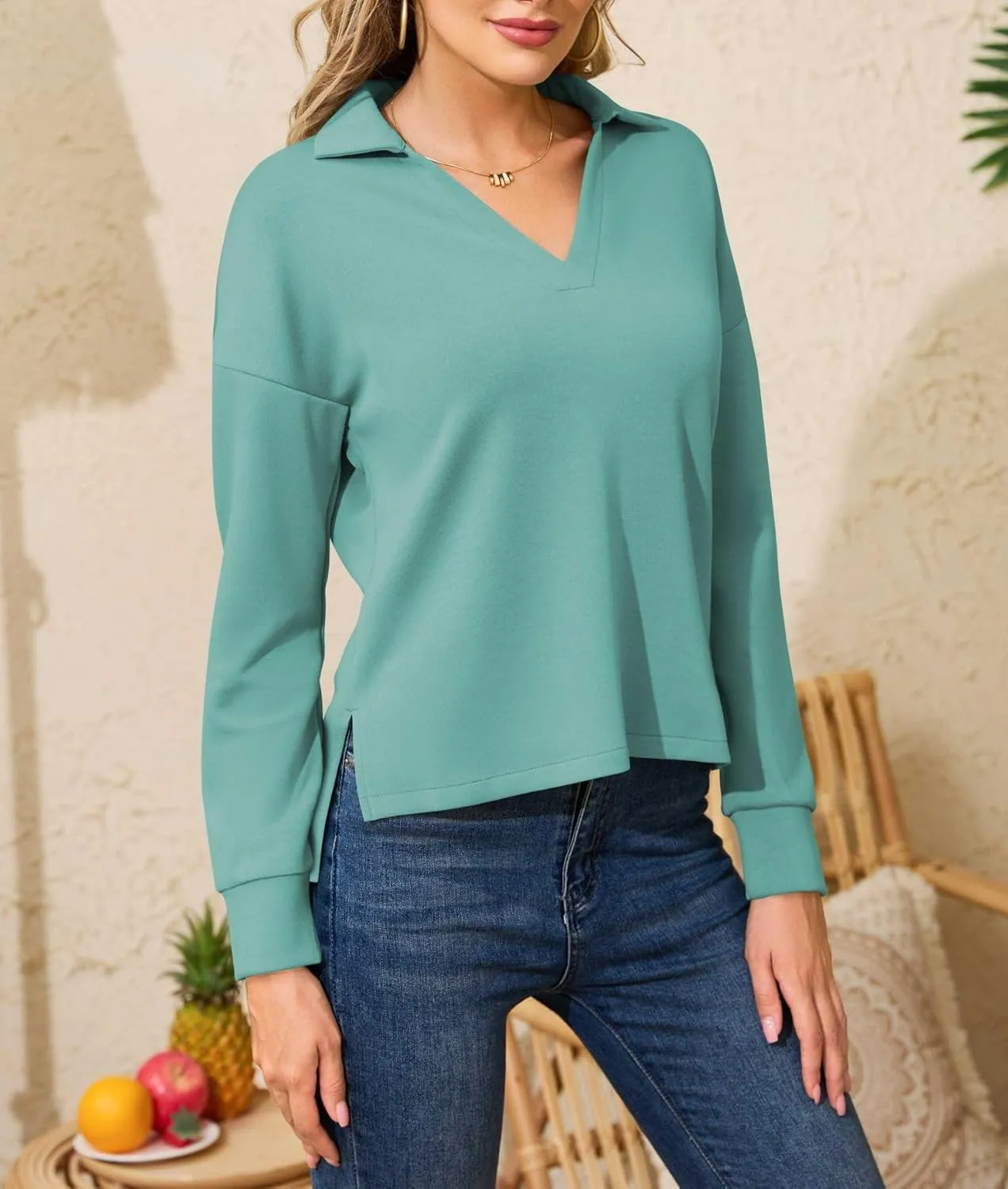 Women's Casual Polo Shirts Long Sleeve V Neck Collared Work Tops Ladies Tunics Tees Business Blouse 2024 Fall