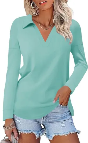 Women's Casual Polo Shirts Long Sleeve V Neck Collared Work Tops Ladies Tunics Tees Business Blouse 2024 Fall