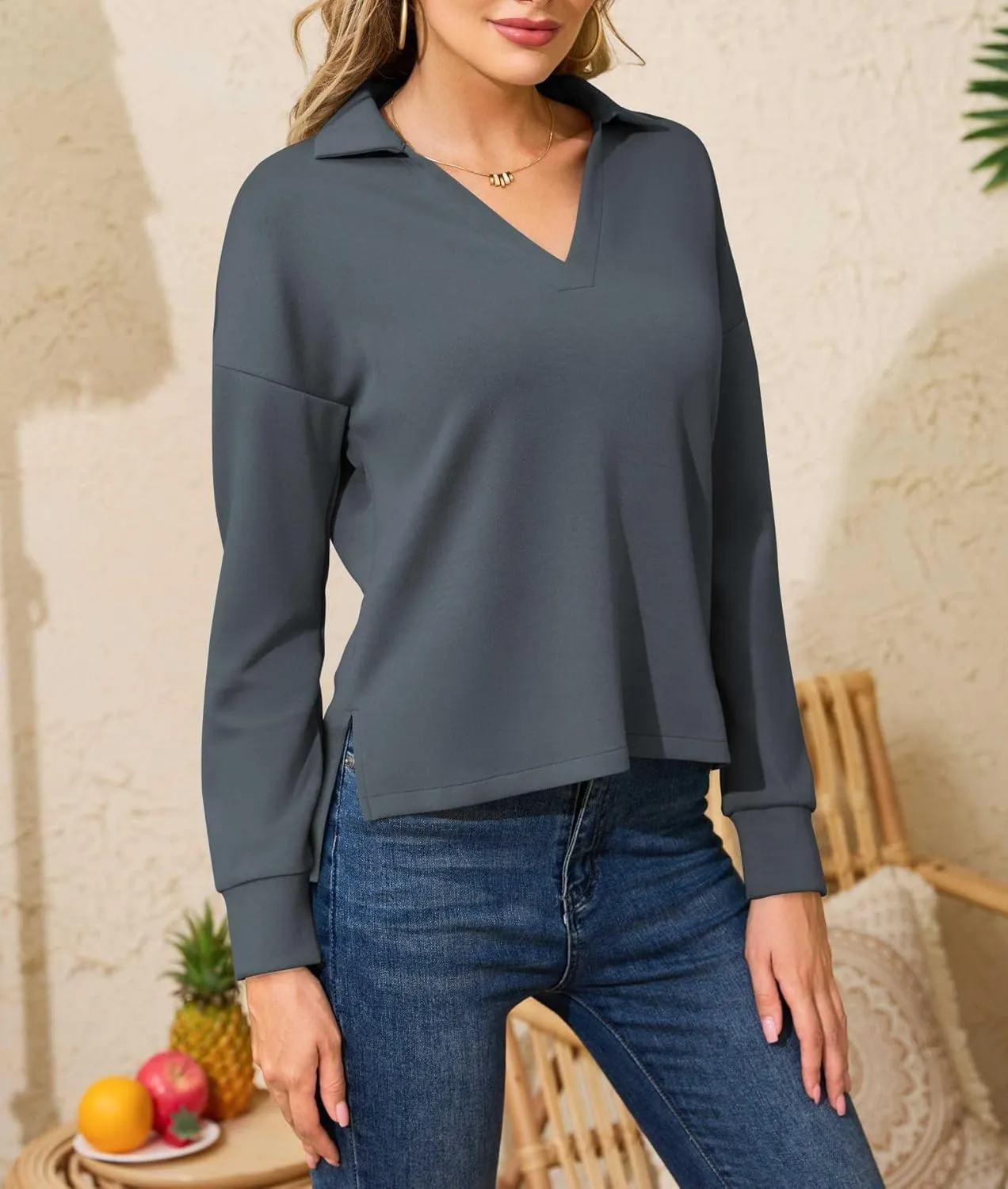 Women's Casual Polo Shirts Long Sleeve V Neck Collared Work Tops Ladies Tunics Tees Business Blouse 2024 Fall