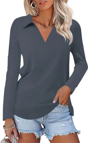 Women's Casual Polo Shirts Long Sleeve V Neck Collared Work Tops Ladies Tunics Tees Business Blouse 2024 Fall