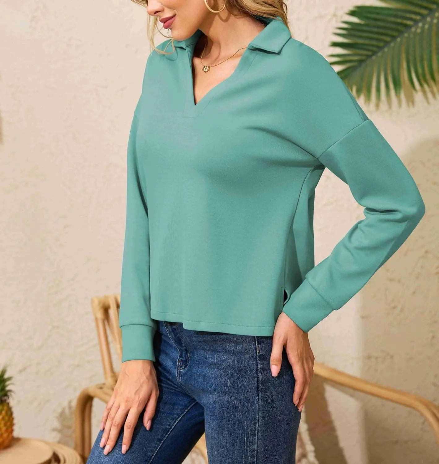 Women's Casual Polo Shirts Long Sleeve V Neck Collared Work Tops Ladies Tunics Tees Business Blouse 2024 Fall