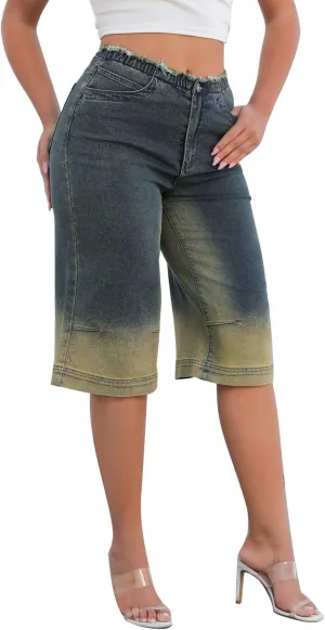 Women's Casual Wide Leg Jeans Loose Capri Pants Denim Pants with Pockets