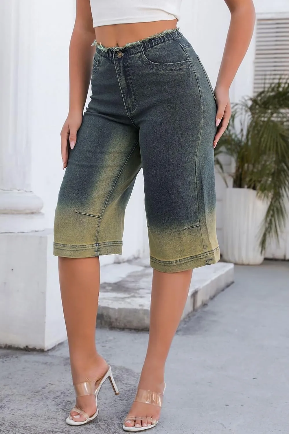 Women's Casual Wide Leg Jeans Loose Capri Pants Denim Pants with Pockets