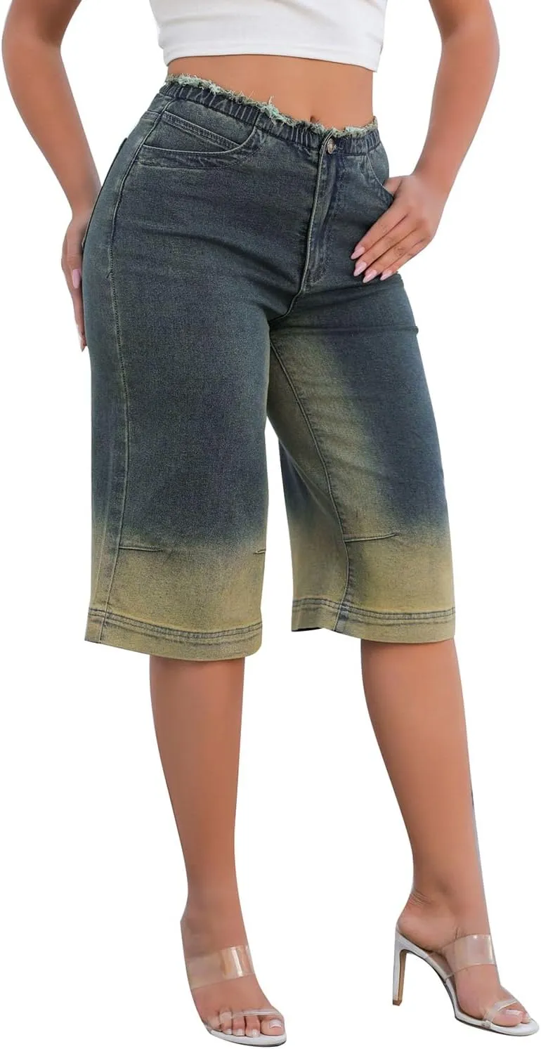 Women's Casual Wide Leg Jeans Loose Capri Pants Denim Pants with Pockets