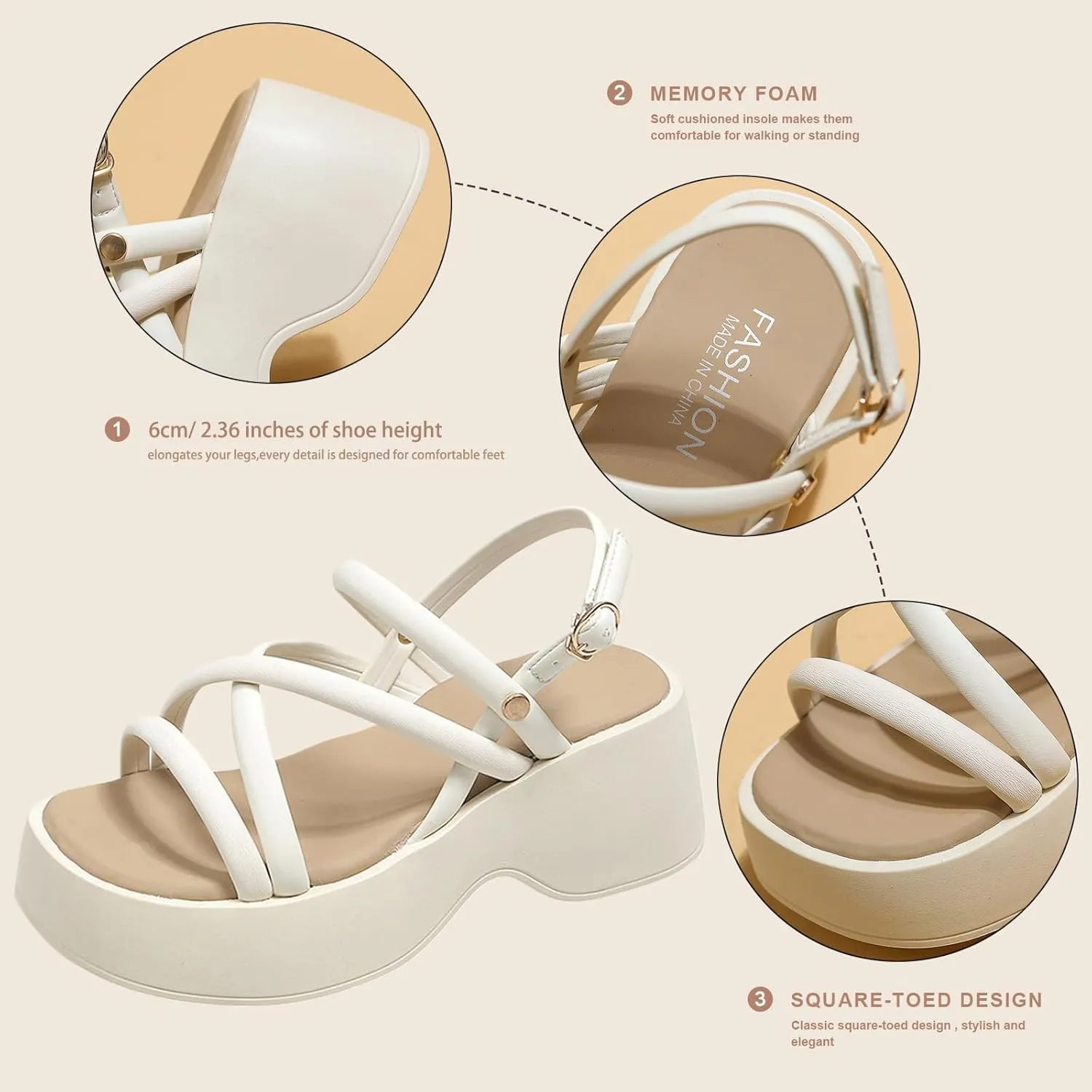 Women's Chunky Heel Platform Cross Strap Sandals with Ankle Strap Summer Fashion Square Open Toe Increase Height Wedge Heel Dress Sandals for Party Wedding Work
