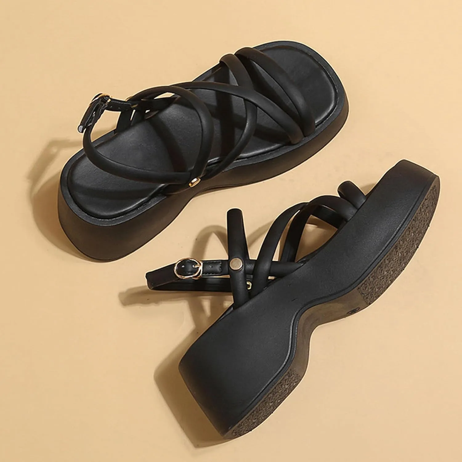 Women's Chunky Heel Platform Cross Strap Sandals with Ankle Strap Summer Fashion Square Open Toe Increase Height Wedge Heel Dress Sandals for Party Wedding Work