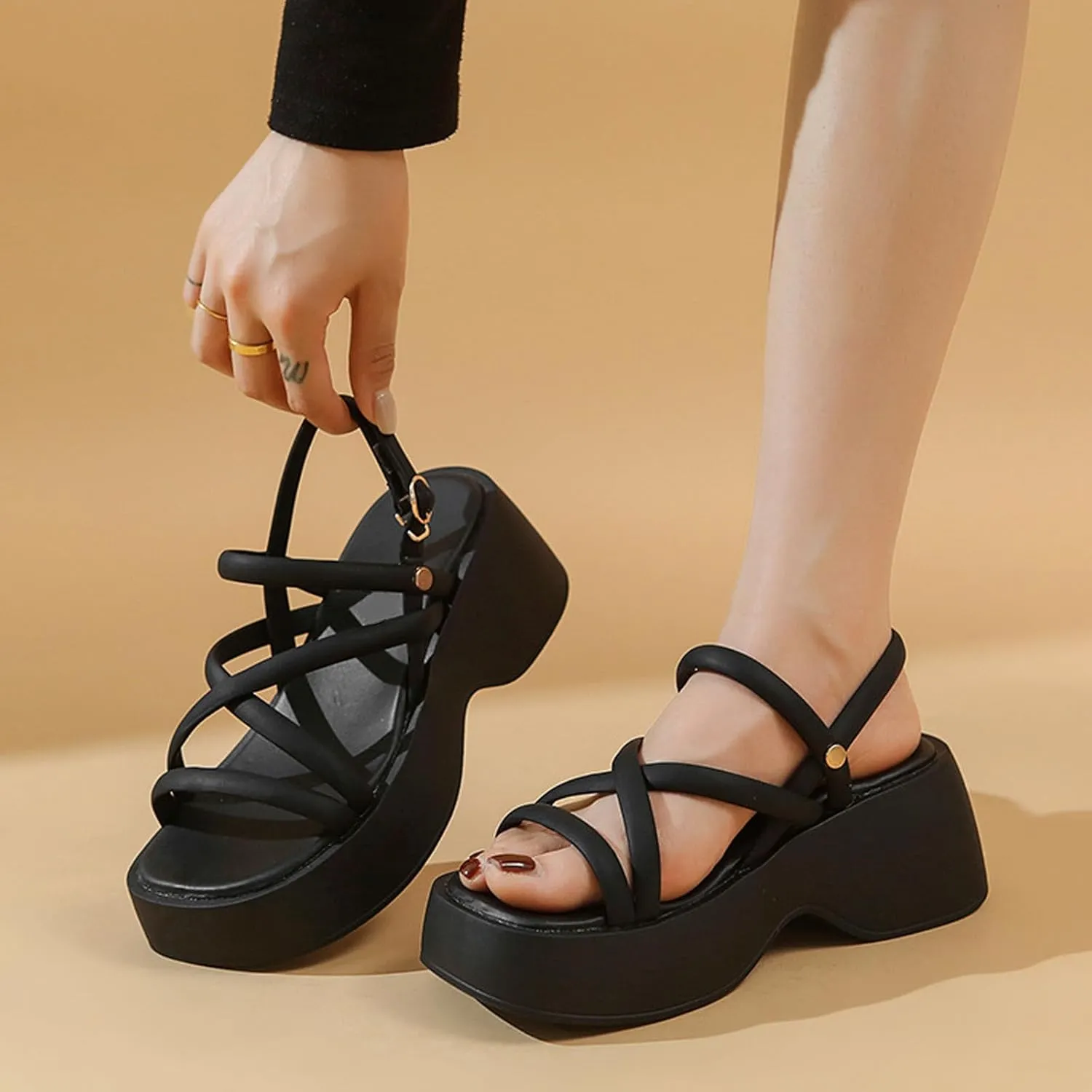 Women's Chunky Heel Platform Cross Strap Sandals with Ankle Strap Summer Fashion Square Open Toe Increase Height Wedge Heel Dress Sandals for Party Wedding Work