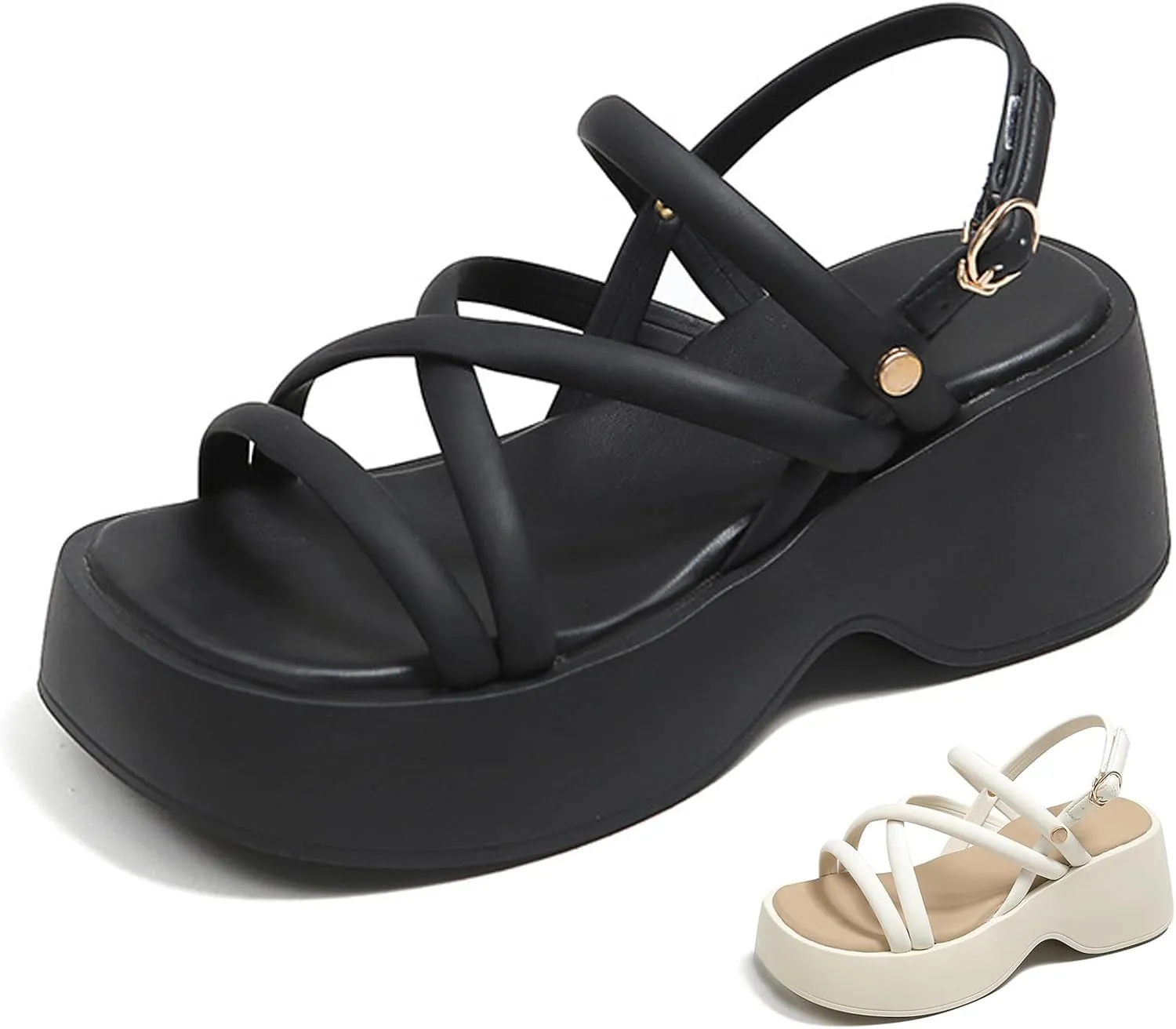 Women's Chunky Heel Platform Cross Strap Sandals with Ankle Strap Summer Fashion Square Open Toe Increase Height Wedge Heel Dress Sandals for Party Wedding Work