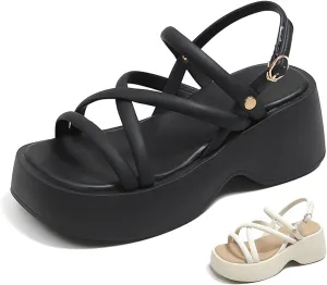 Women's Chunky Heel Platform Cross Strap Sandals with Ankle Strap Summer Fashion Square Open Toe Increase Height Wedge Heel Dress Sandals for Party Wedding Work