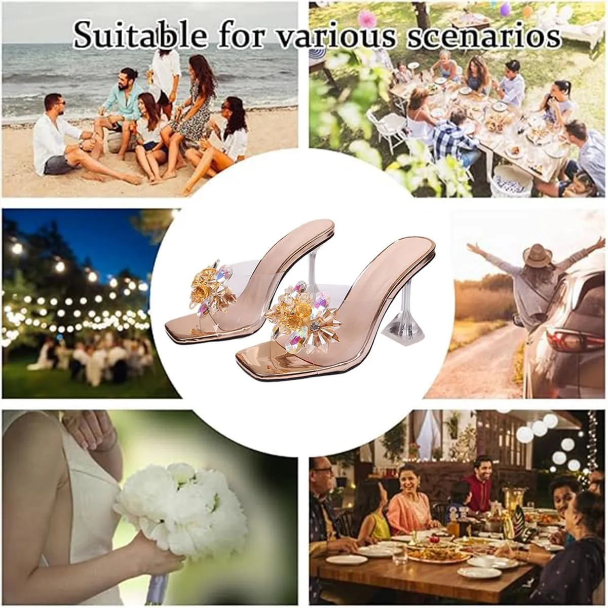 Women's Clear Flower Crystal Stiletto Heel Sandals Fashion Comfortable Square Open Toe Summer Slip On Wine Glasses Heel Dress Slides Sandals for Formal Wedding Party