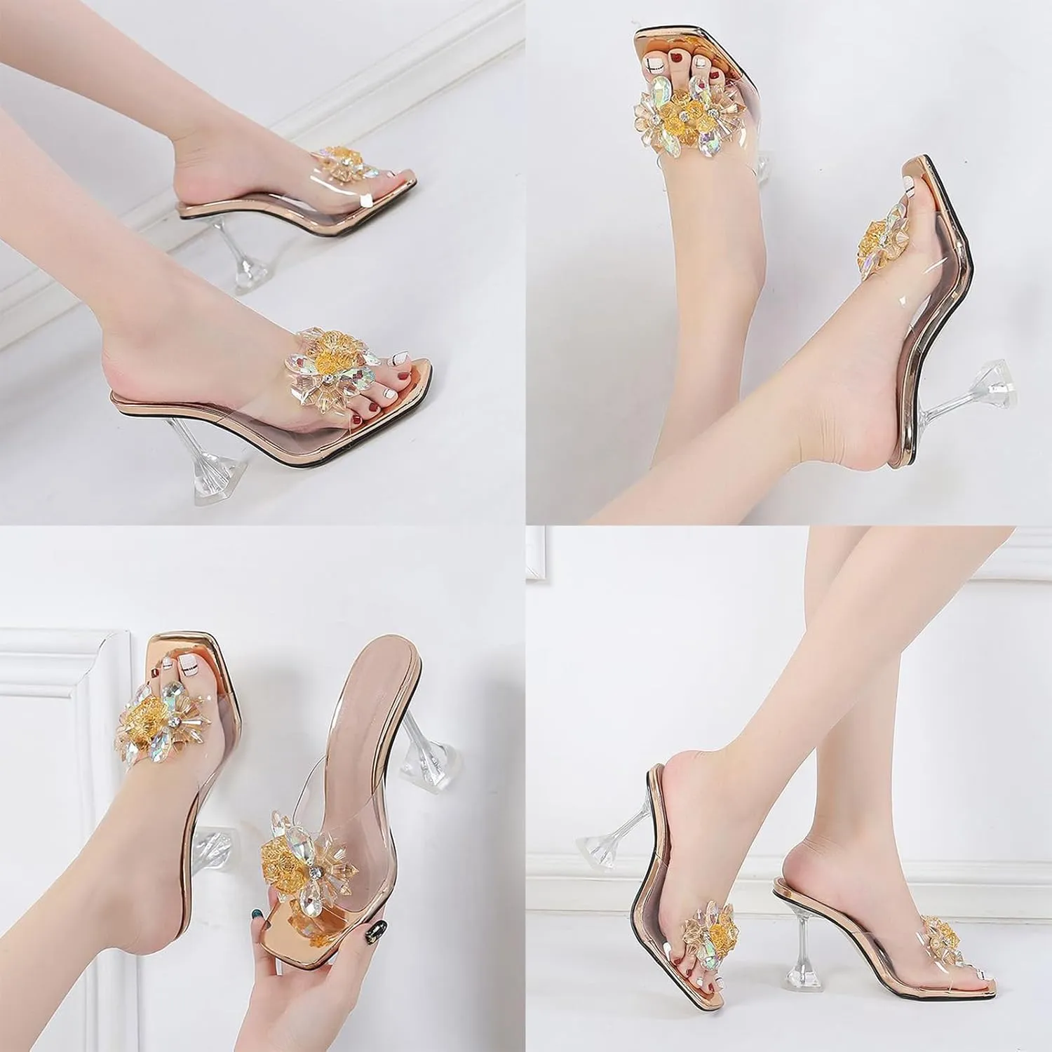 Women's Clear Flower Crystal Stiletto Heel Sandals Fashion Comfortable Square Open Toe Summer Slip On Wine Glasses Heel Dress Slides Sandals for Formal Wedding Party