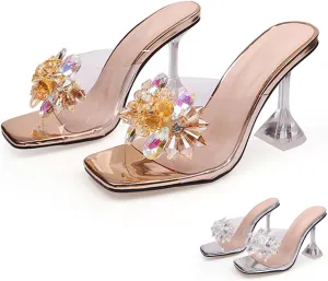 Women's Clear Flower Crystal Stiletto Heel Sandals Fashion Comfortable Square Open Toe Summer Slip On Wine Glasses Heel Dress Slides Sandals for Formal Wedding Party