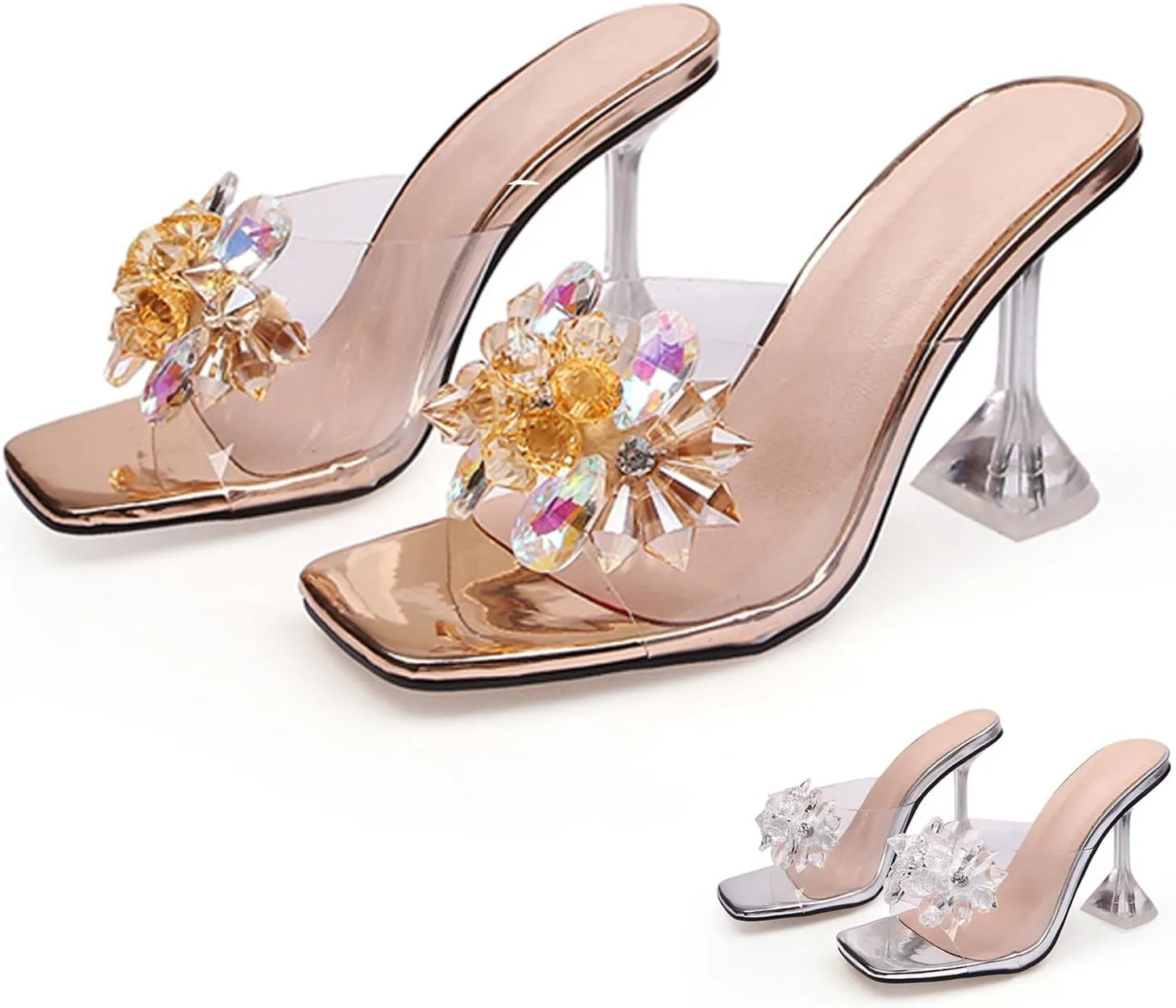 Women's Clear Flower Crystal Stiletto Heel Sandals Fashion Comfortable Square Open Toe Summer Slip On Wine Glasses Heel Dress Slides Sandals for Formal Wedding Party